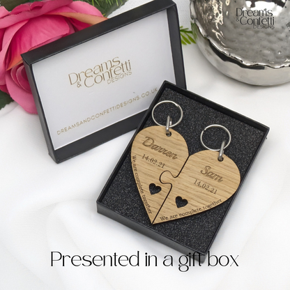 Couple's Personalised Wood Heart Keyring Set