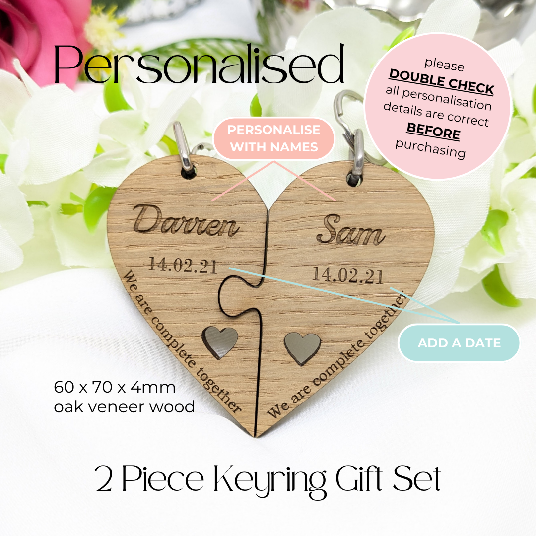 Couple's Personalised Wood Heart Keyring Set