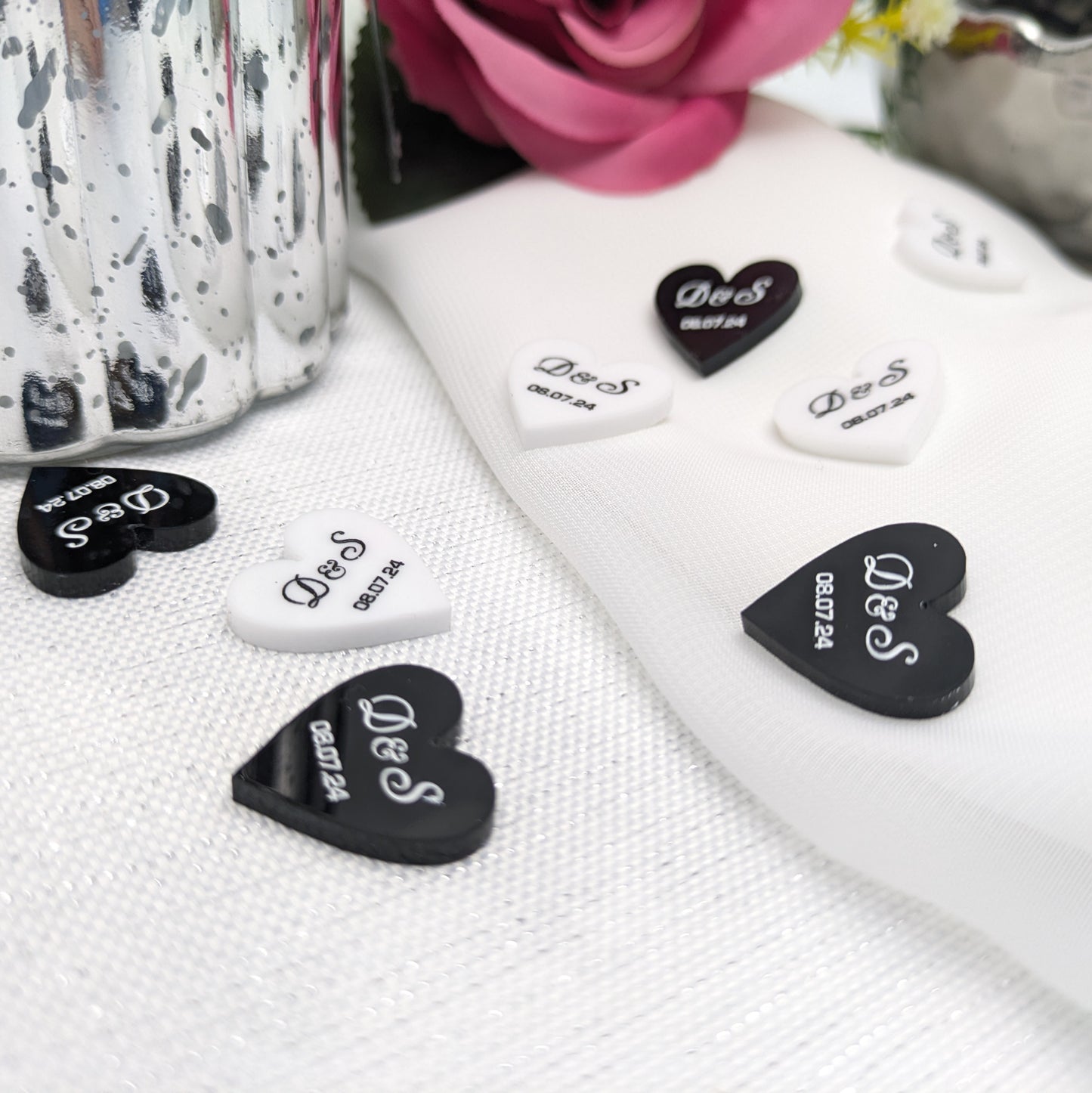 Personalised Hearts – Initials + Date, Black + White Table Confetti