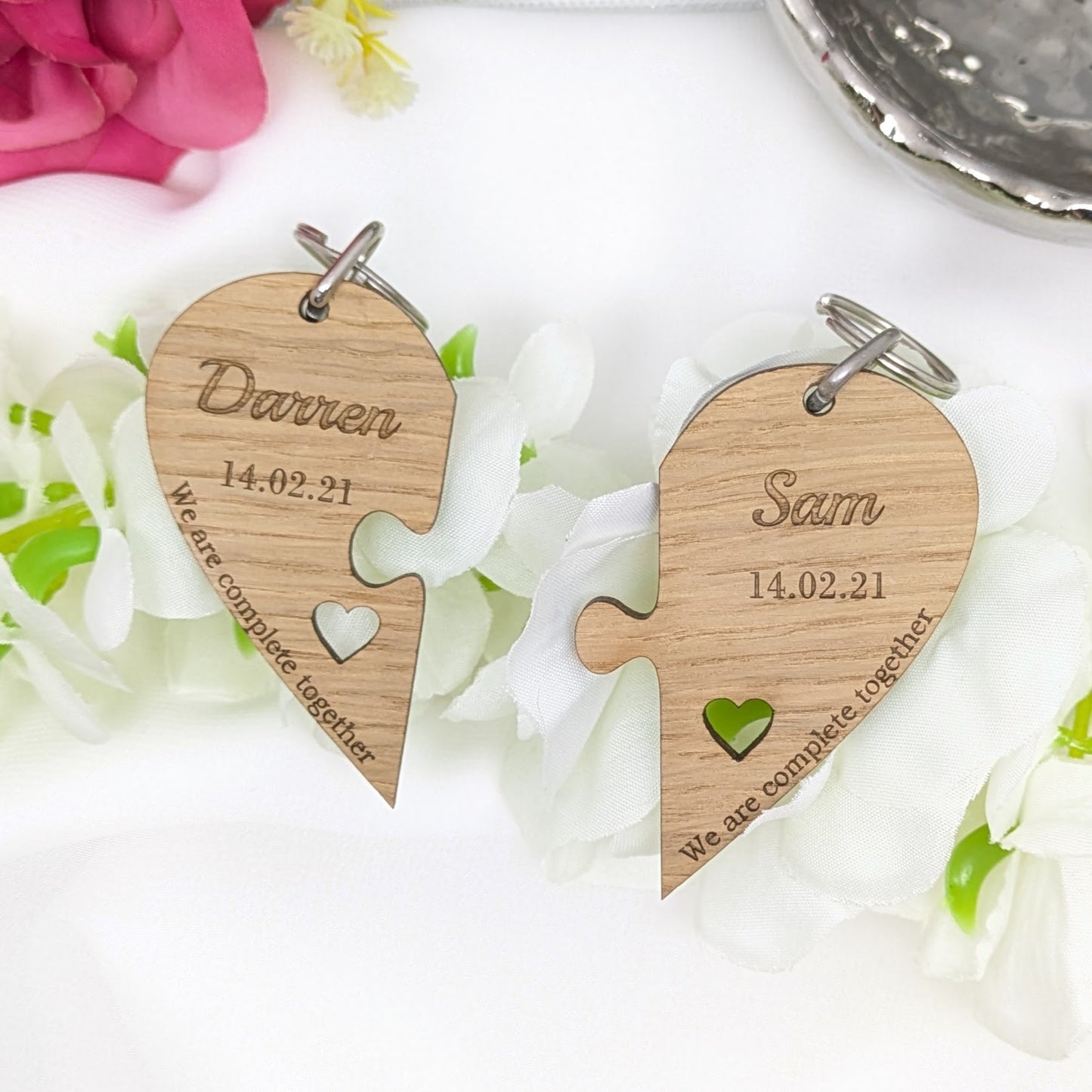 Couple's Personalised Wood Heart Keyring Set