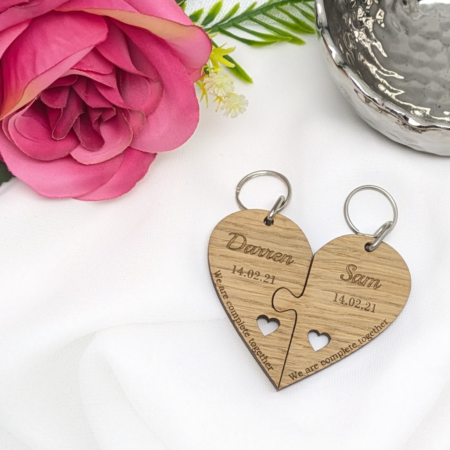 Couple's Personalised Wood Heart Keyring Set