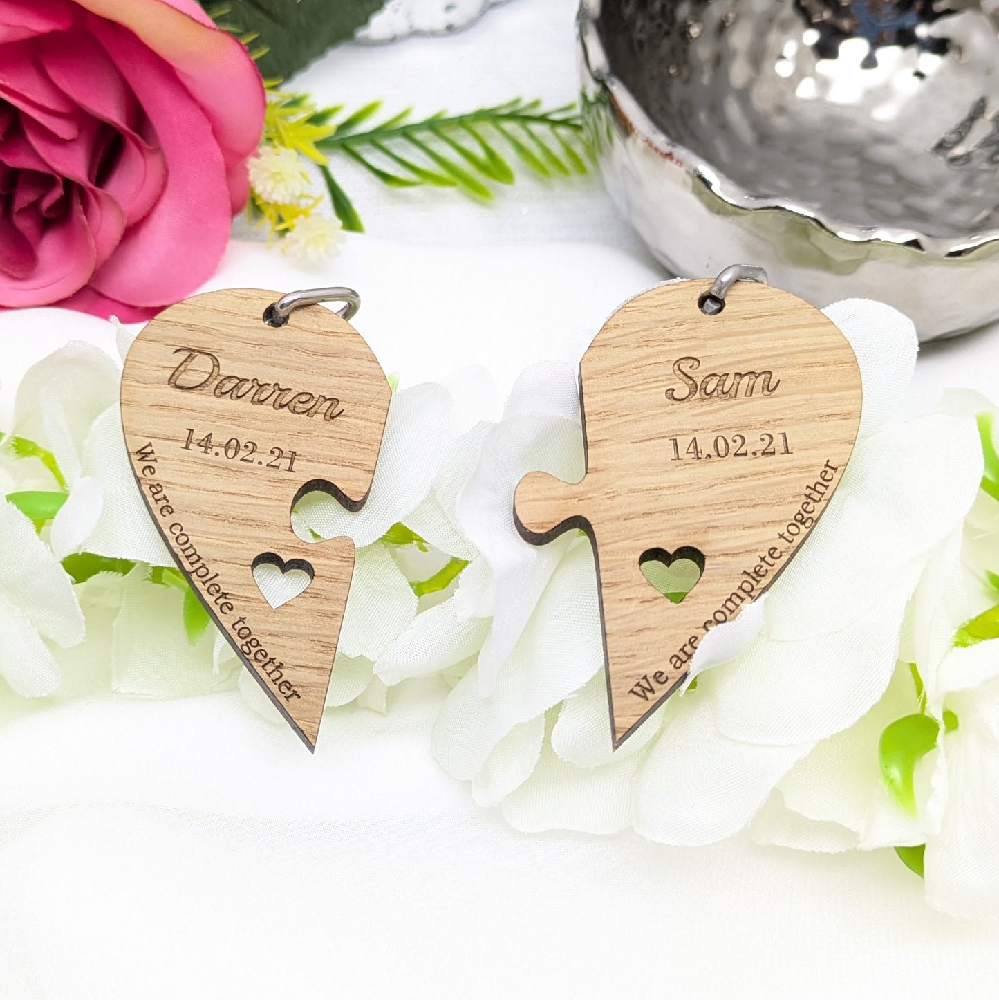 Couple's Personalised Wood Heart Keyring Set