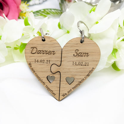 Couple's Personalised Wood Heart Keyring Set