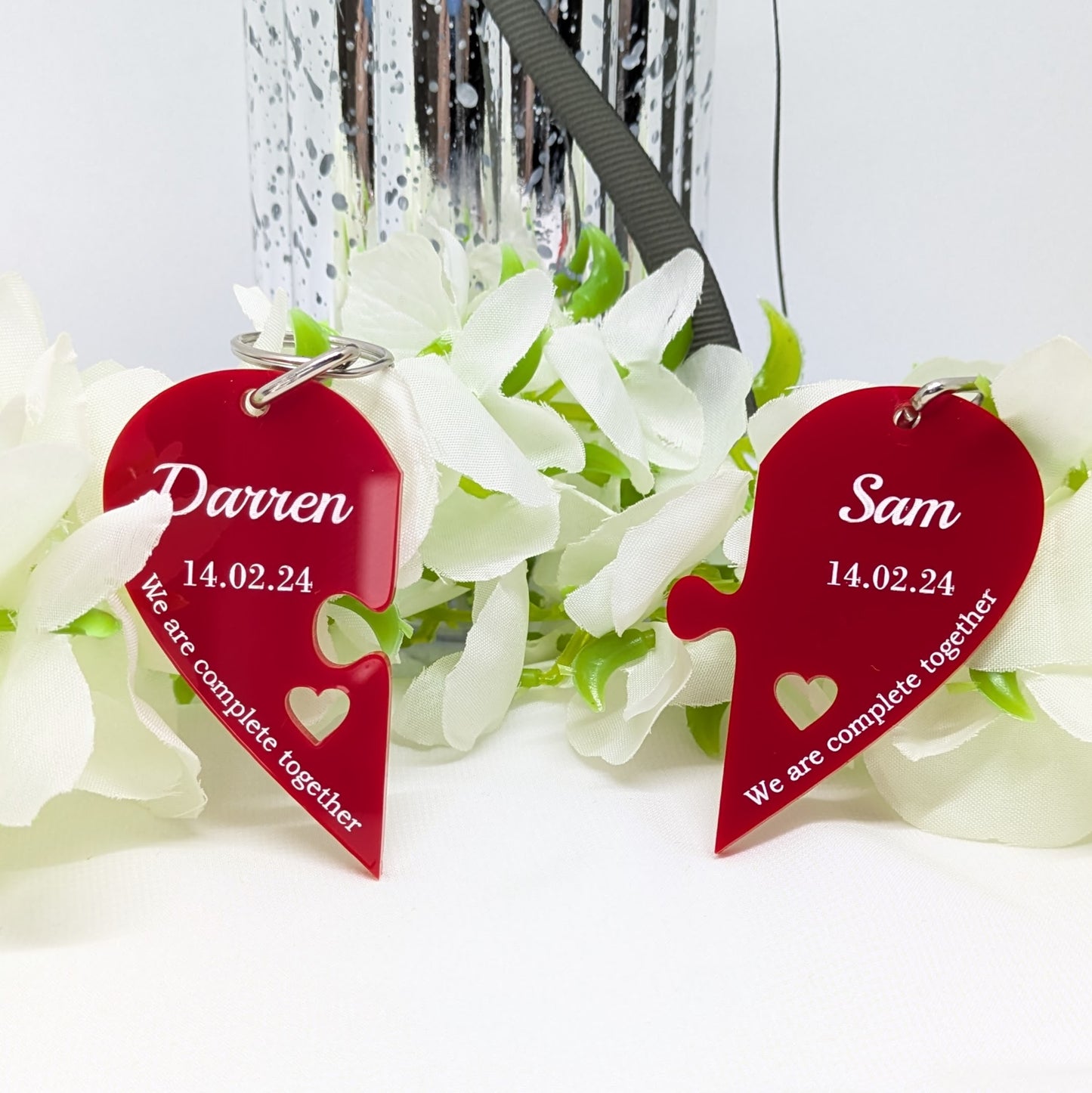 Couple's Personalised Wood Heart Keyring Set