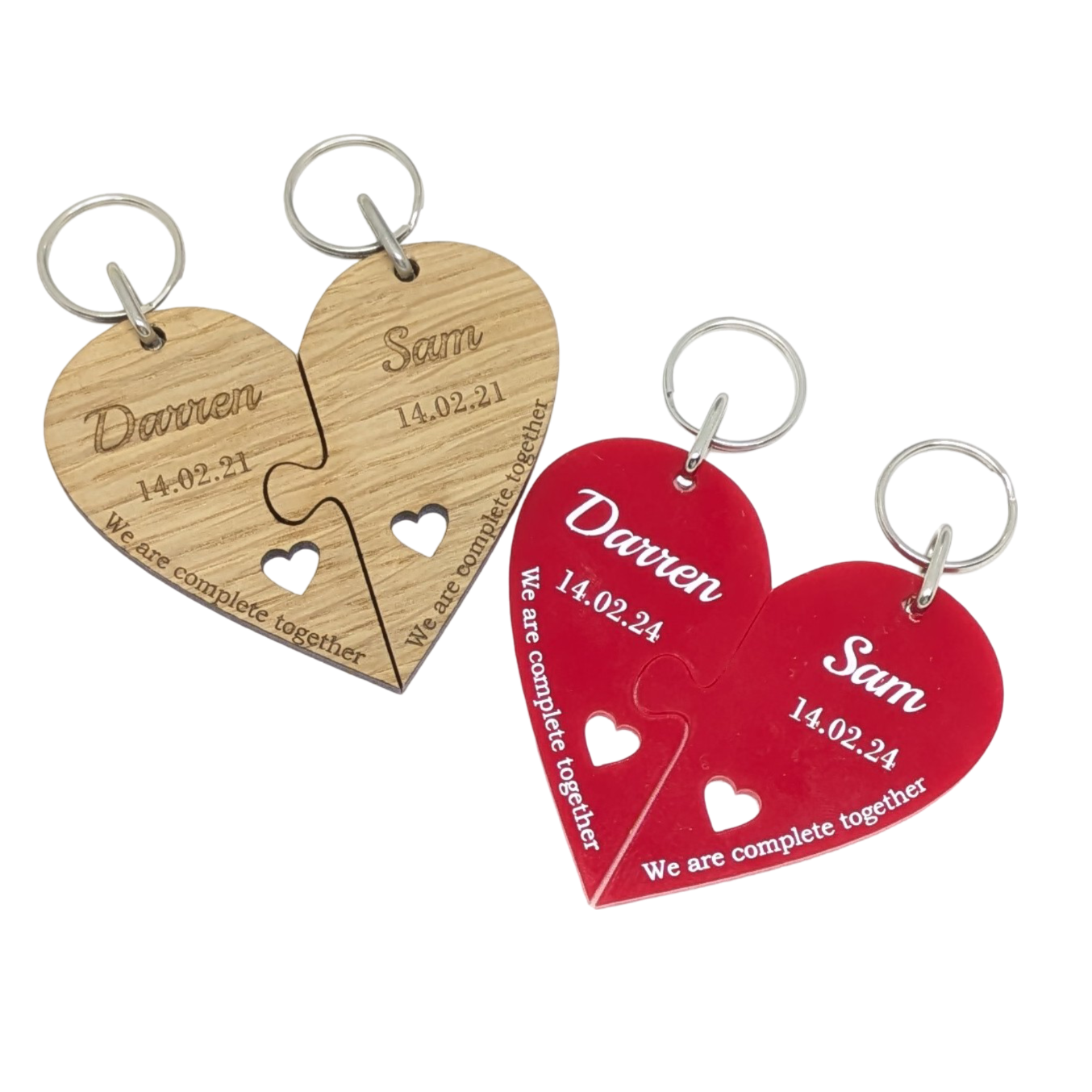 Couple's Personalised Wood Heart Keyring Set