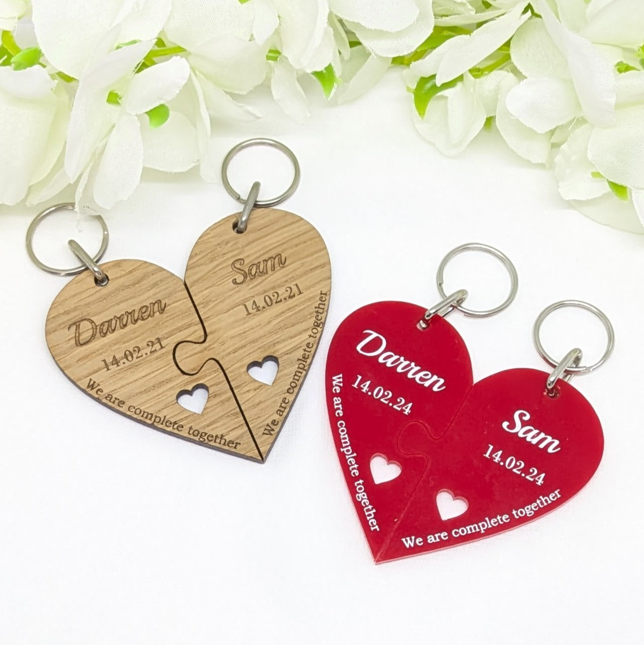 Couple's Personalised Wood Heart Keyring Set