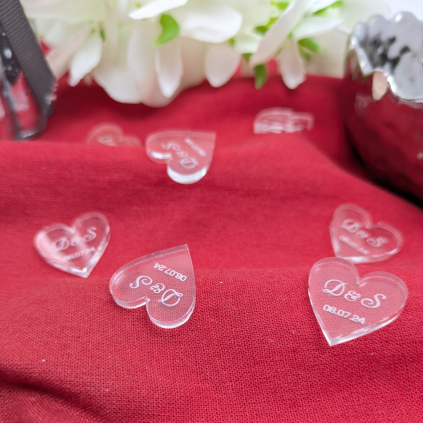 Personalised Clear Hearts – Initials + Date