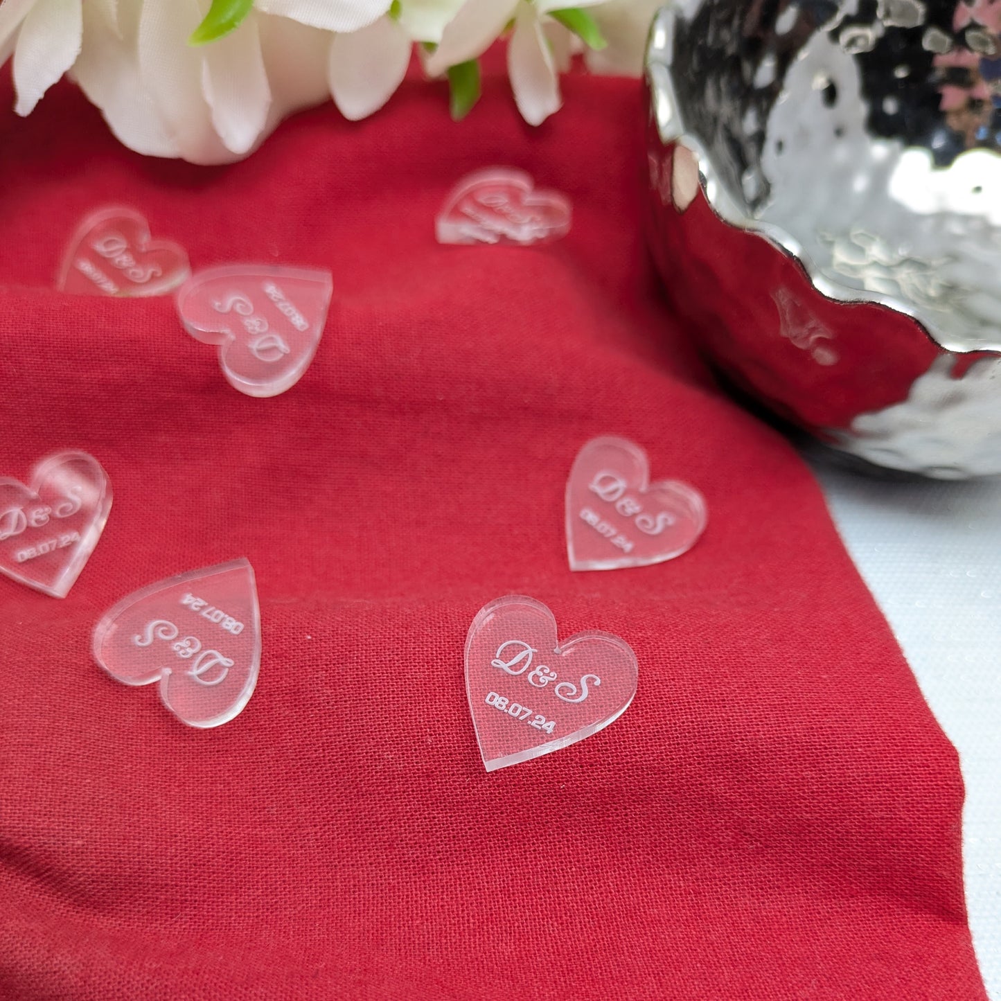 Personalised Clear Hearts – Initials + Date