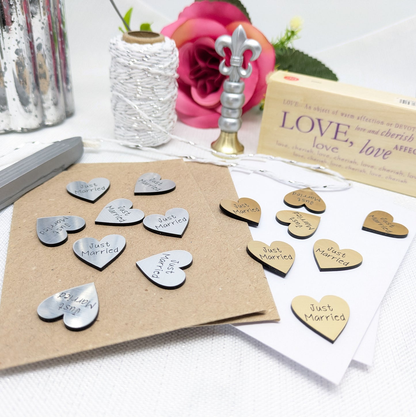 Just Married Hearts – Contemporary Table Confetti - Metallic Gold and Silver