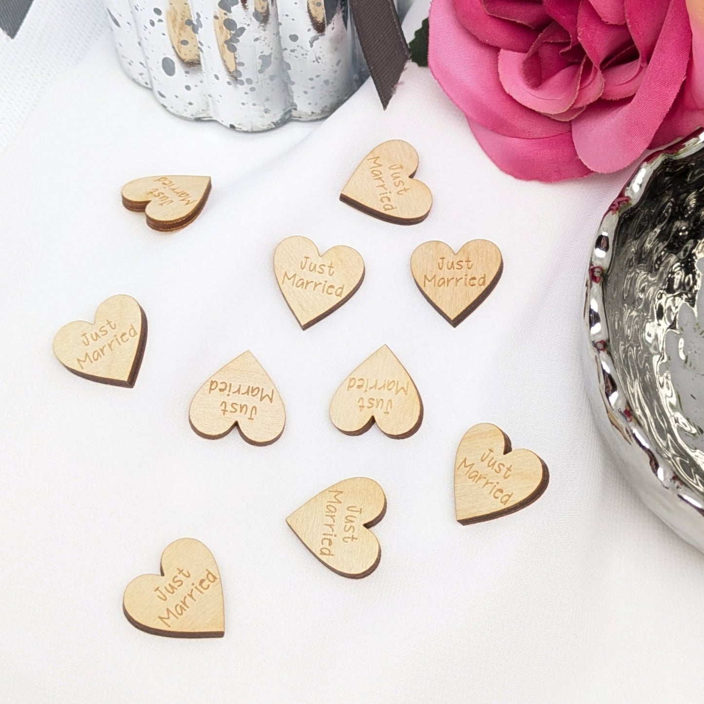 Just Married Wood Hearts – Rustic Table Confetti