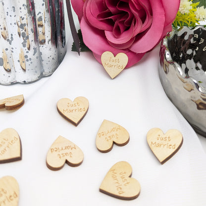 Just Married Wood Hearts – Rustic Table Confetti